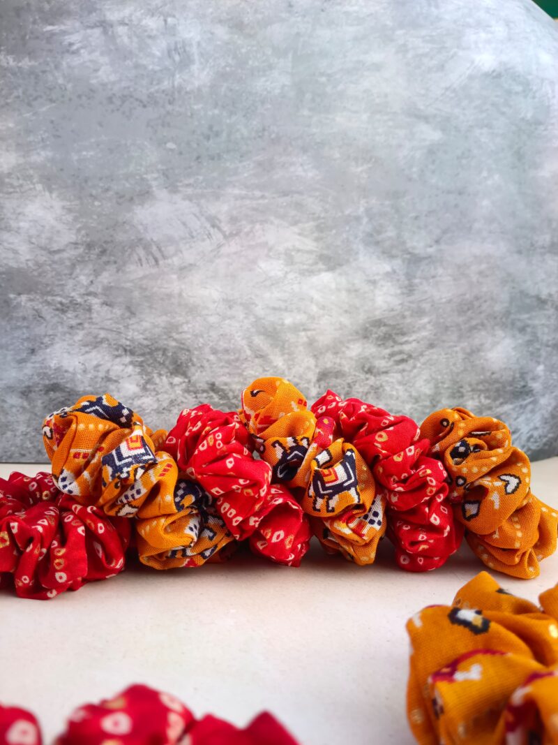 Red & Yellow Bandhej Scrunchie 5 Pcs Combo - Image 2